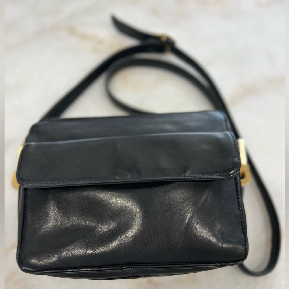 Vintage Perlina Black Leather Crossbody Shoulder Bag Brass Hardware